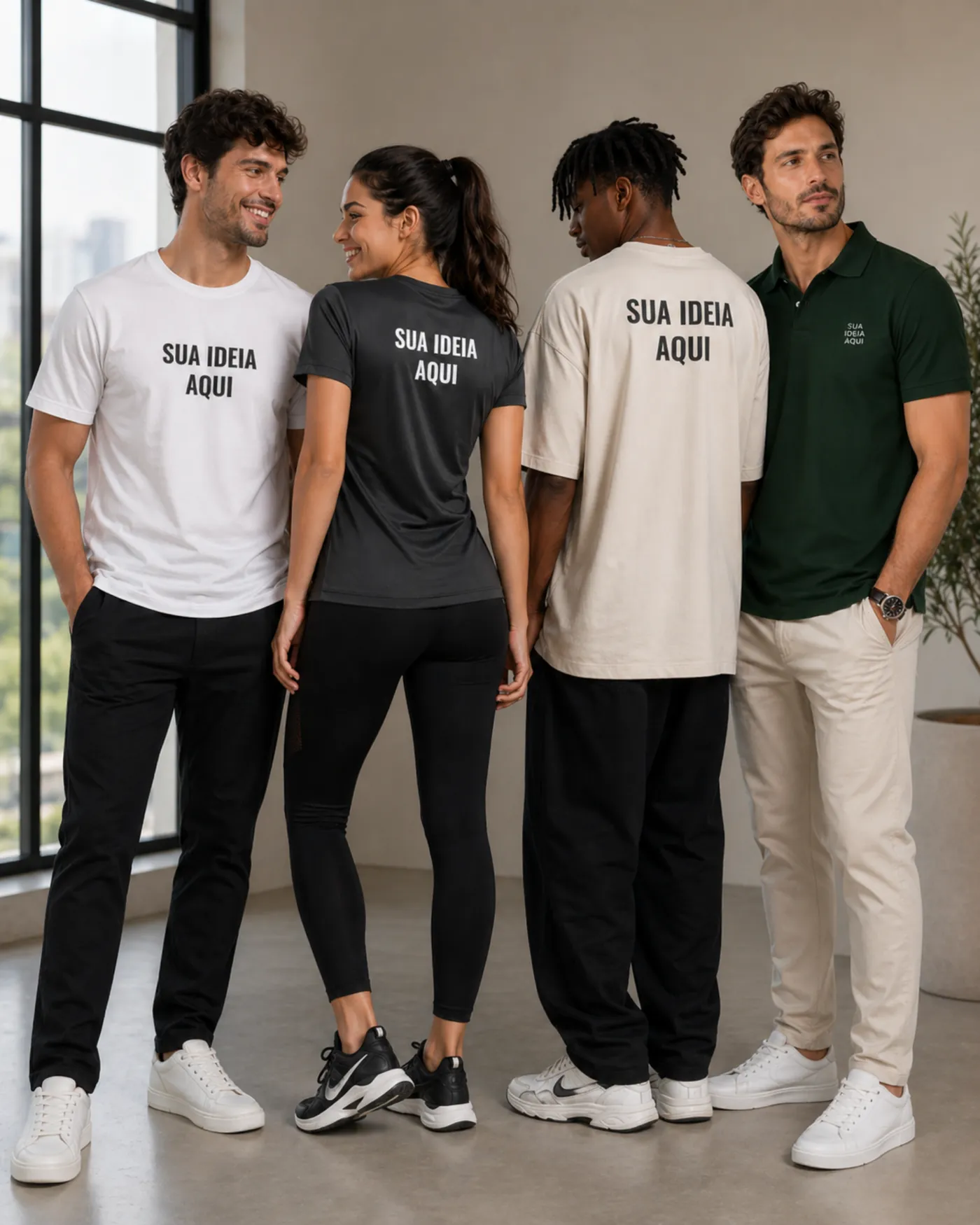 Modelos usando camisetas personalizadas em diferentes tecidos e estilos